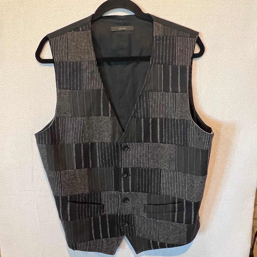 Express Men's Vest Size L Patchwork Wool Blend Black Gray Stripe Herringbone